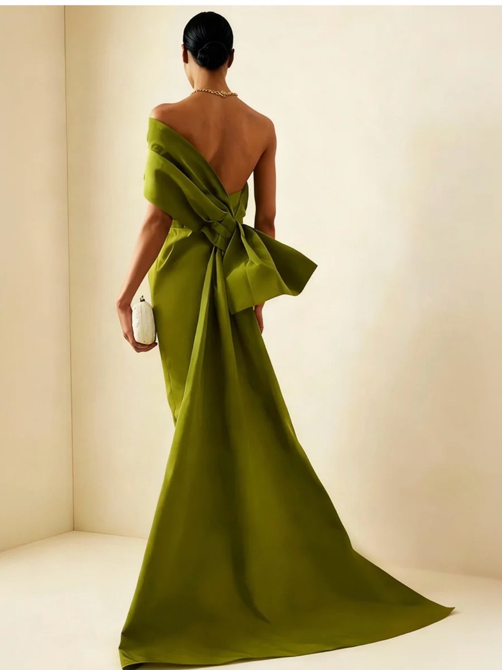 Natori One-Shoulder Olive Green Evening Dress - Picture 2 of 2